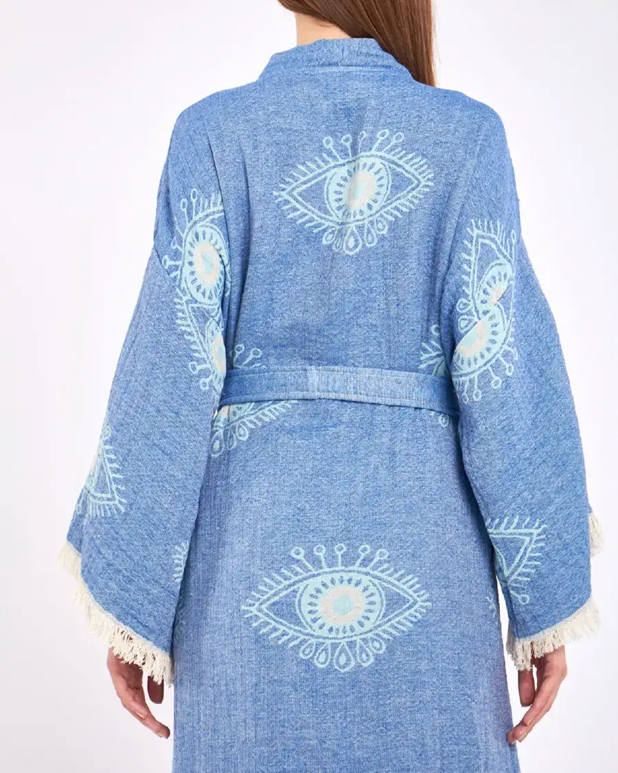 Blue Evil Eye Kimono, Long Cotton Robe, Cotton Kafthan