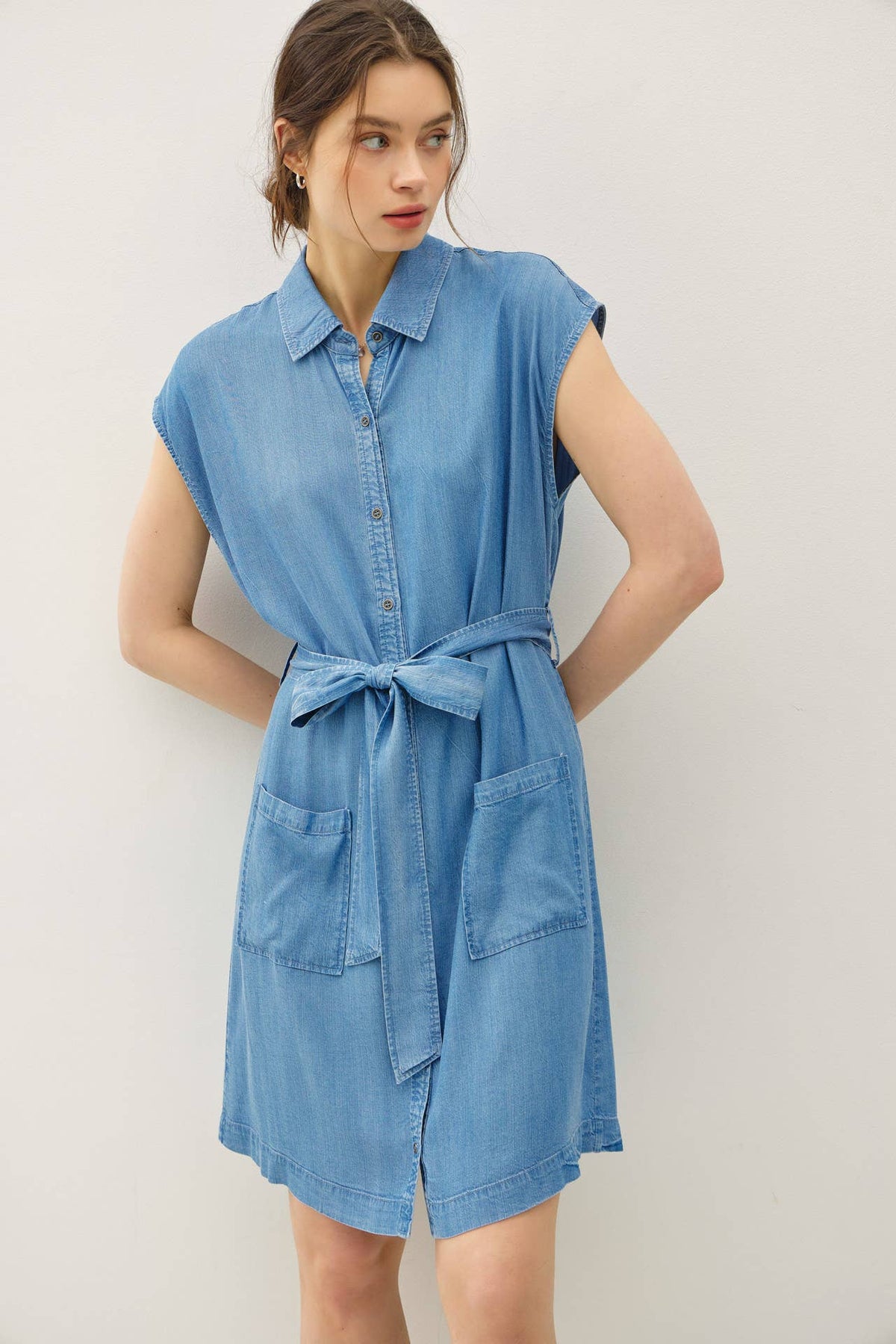 TENCEL BUTTON UP DRESS WITH POCKETS
