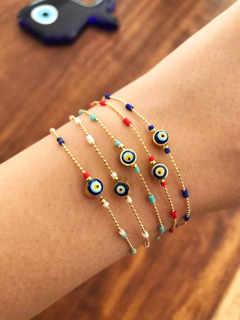 Evil Eye Chain Bracelet, Seed Beads Bracelet, Evil Eye Jewelry