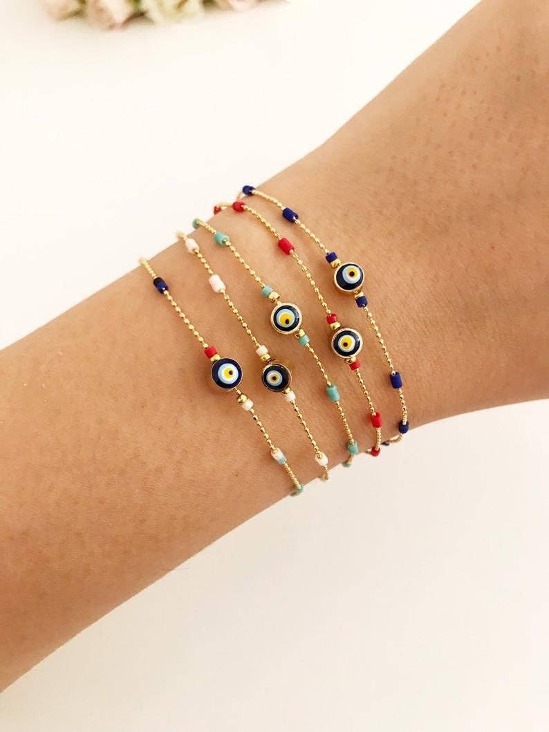 Evil Eye Chain Bracelet, Seed Beads Bracelet, Evil Eye Jewelry