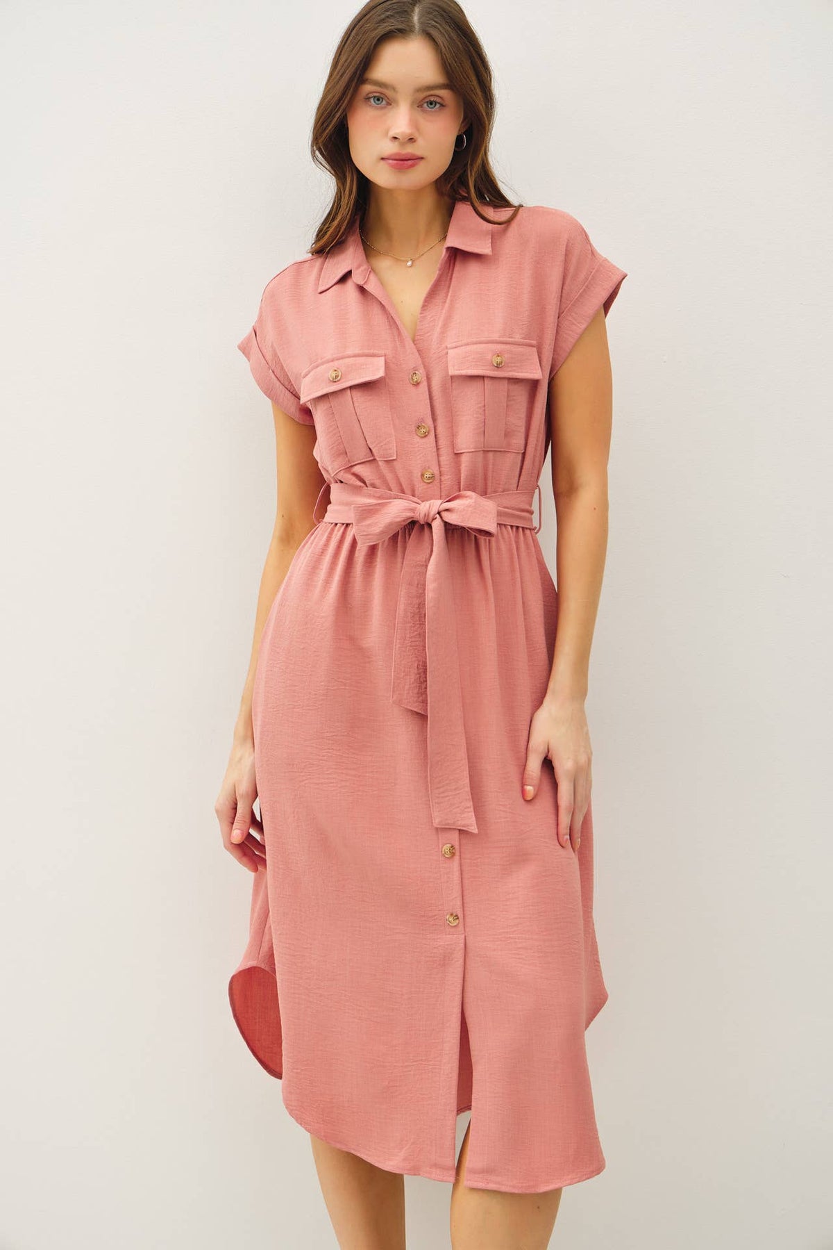 BUTTON UP SHORT SLEEVE MIDI DRESS W TIE