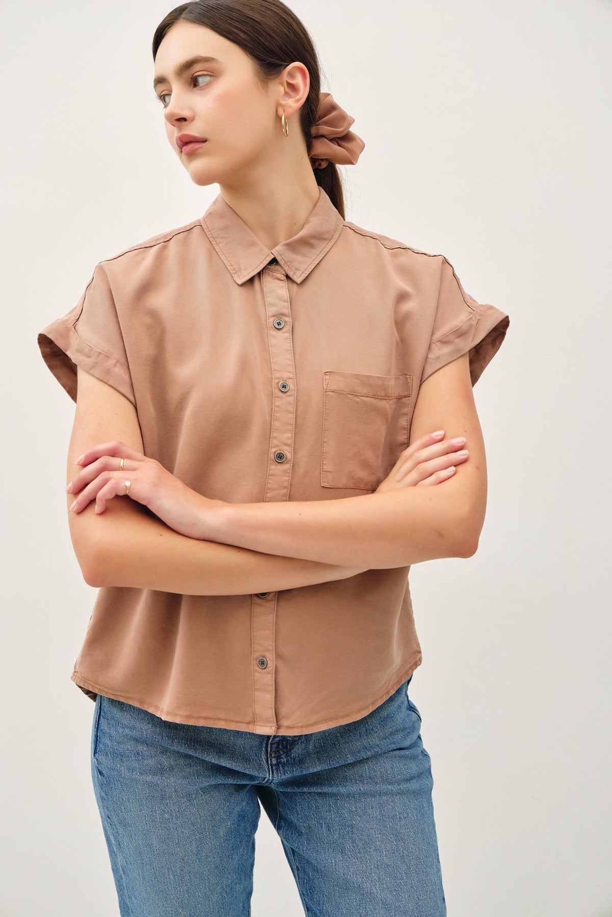 TENCEL SHORT DOLMAN SLEEVE BUTTON DOWN SHIRT