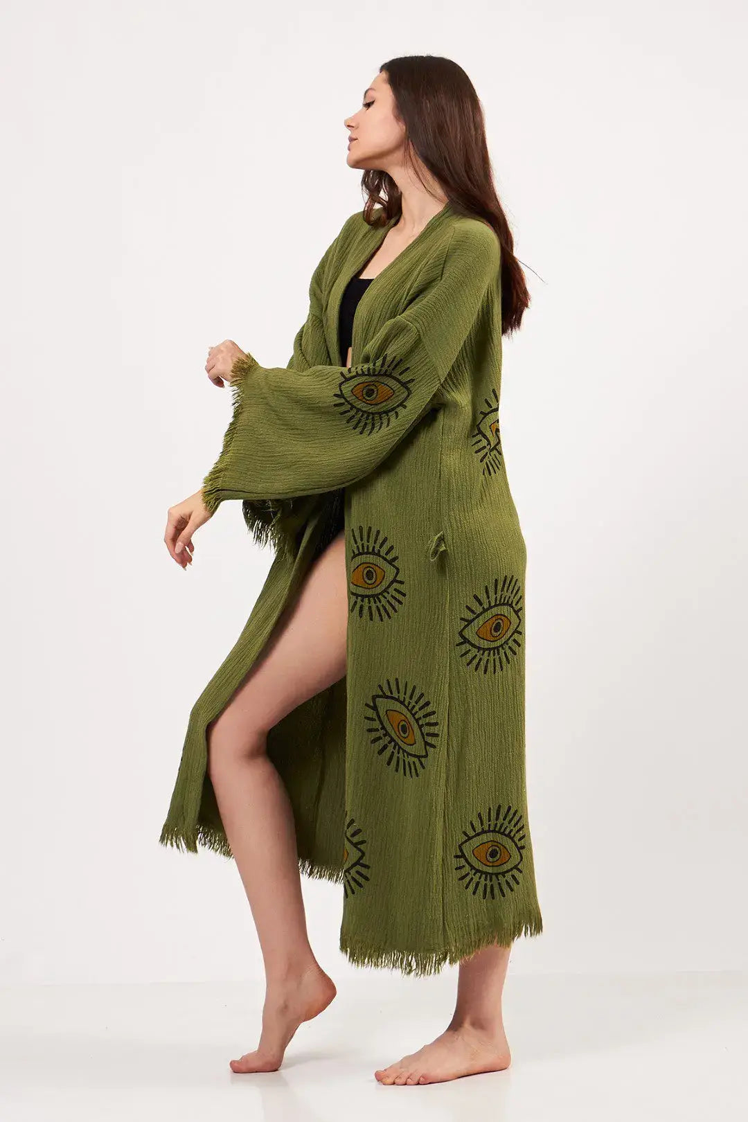 Green Evil Eye Kimono, Cotton Kaftan Kimono, Evil Eye Robes