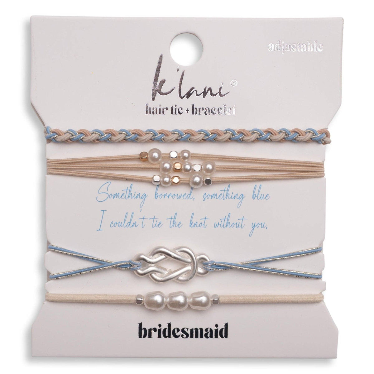 "Bridesmaid" Cream and Blue with Pearl Accent Hair Tie Bracelets