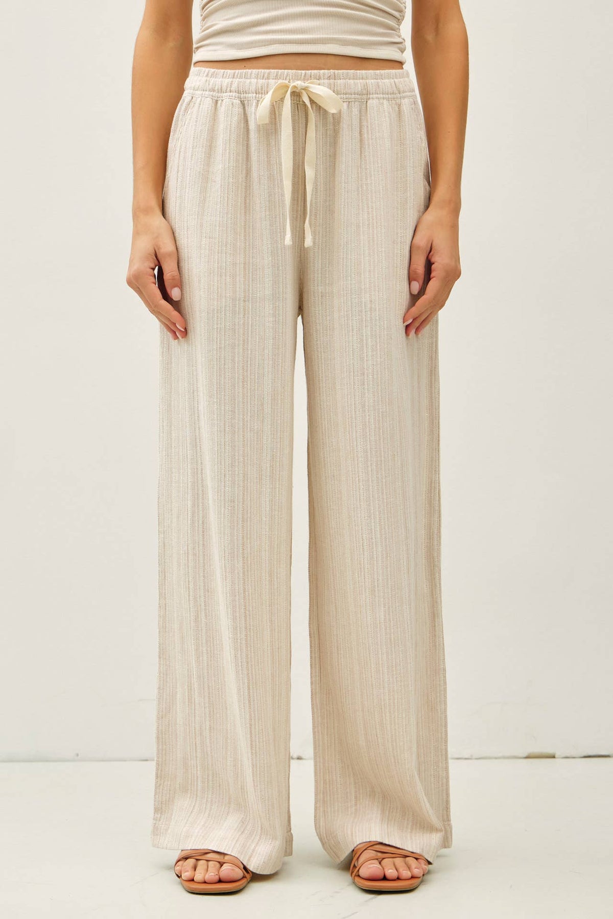 STRIPED LINEN WIDE LEG PANTS