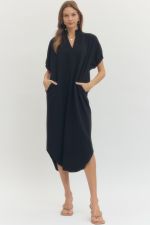 Solid short sleeve midi dress V-neck