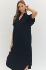 Solid short sleeve midi dress V-neck