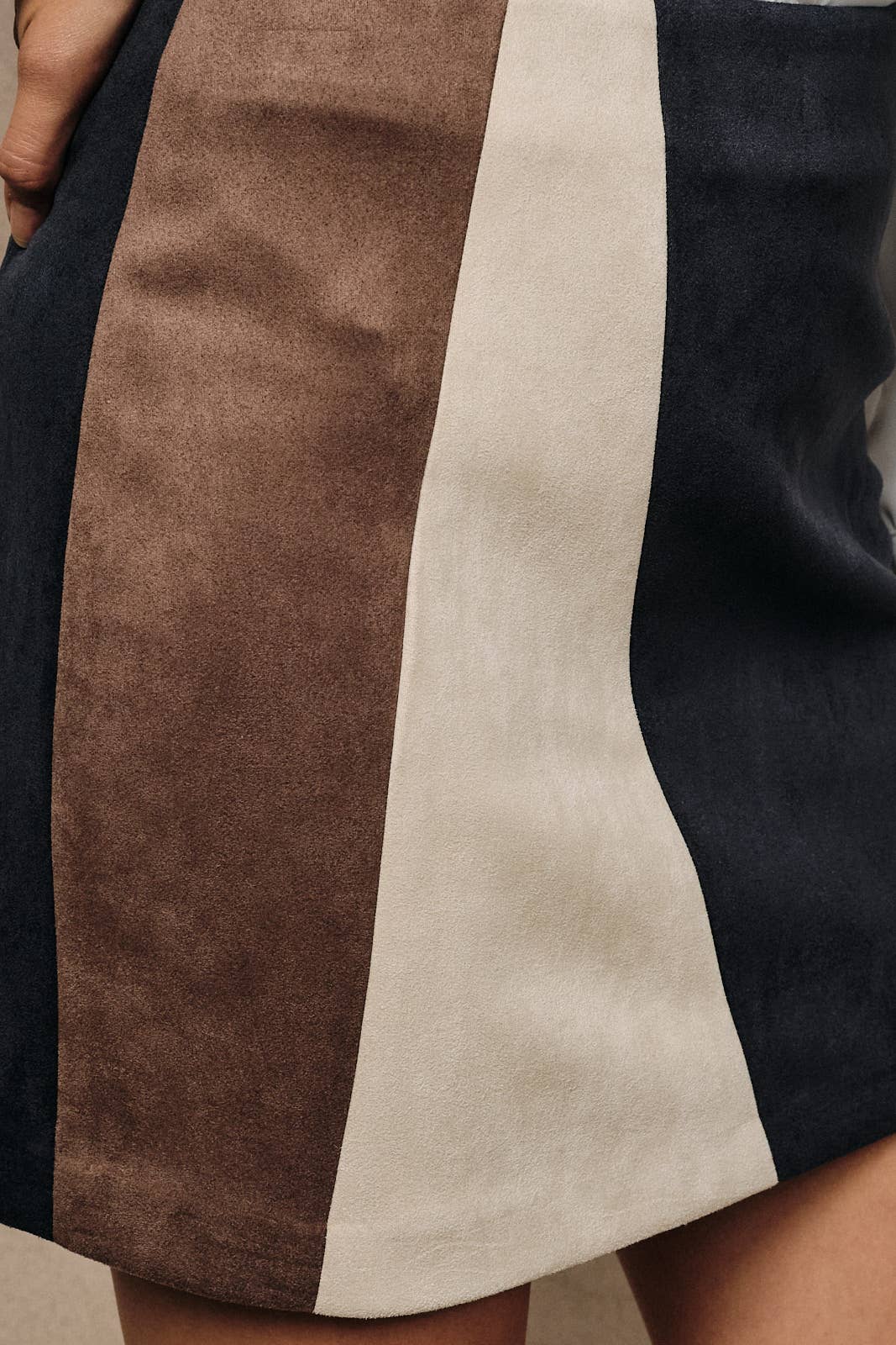 High Waist Faux Suede Colorblock Back Zipper Mini Skirt