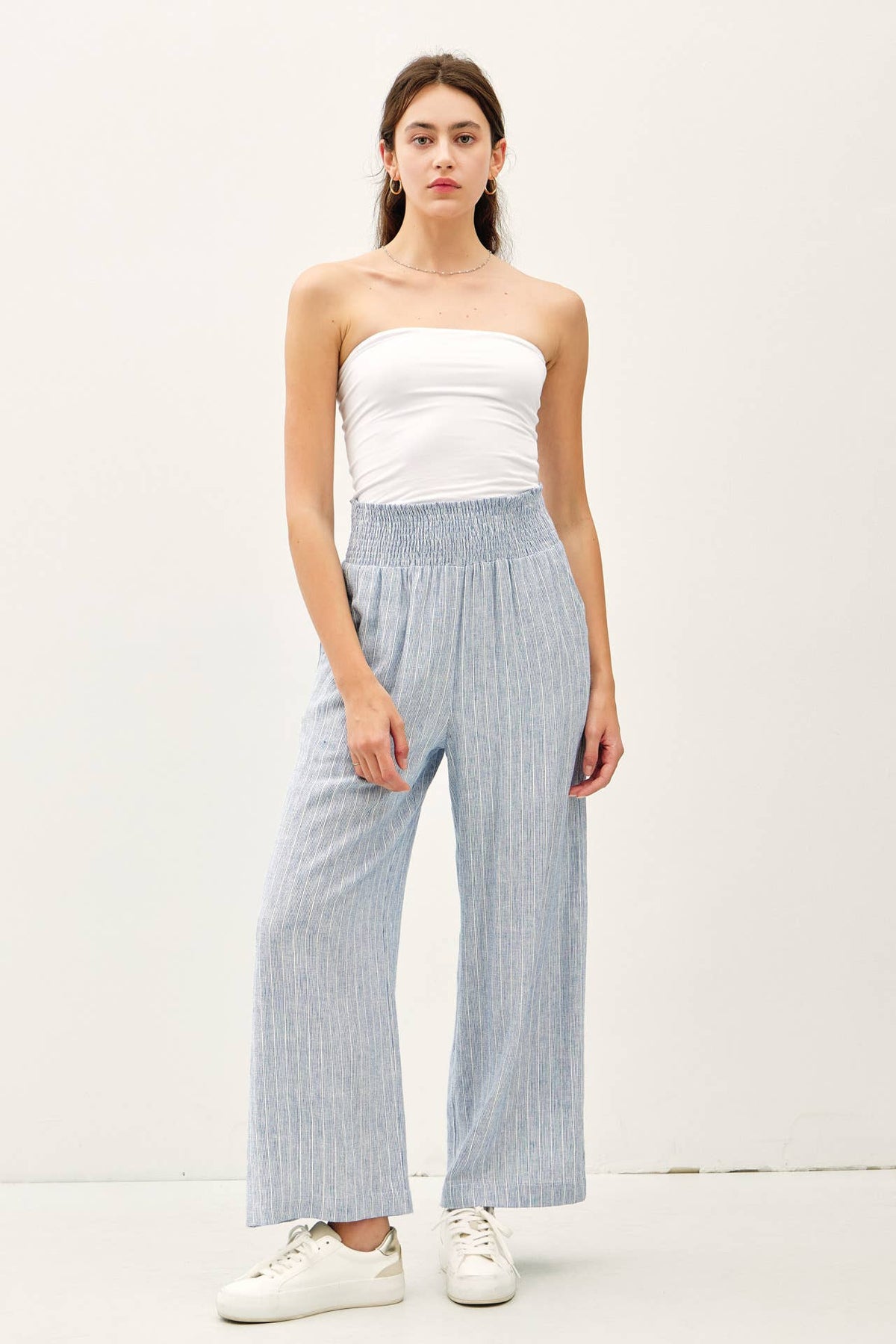 STRIPED LINEN BLEND WIDE LEG PANTS