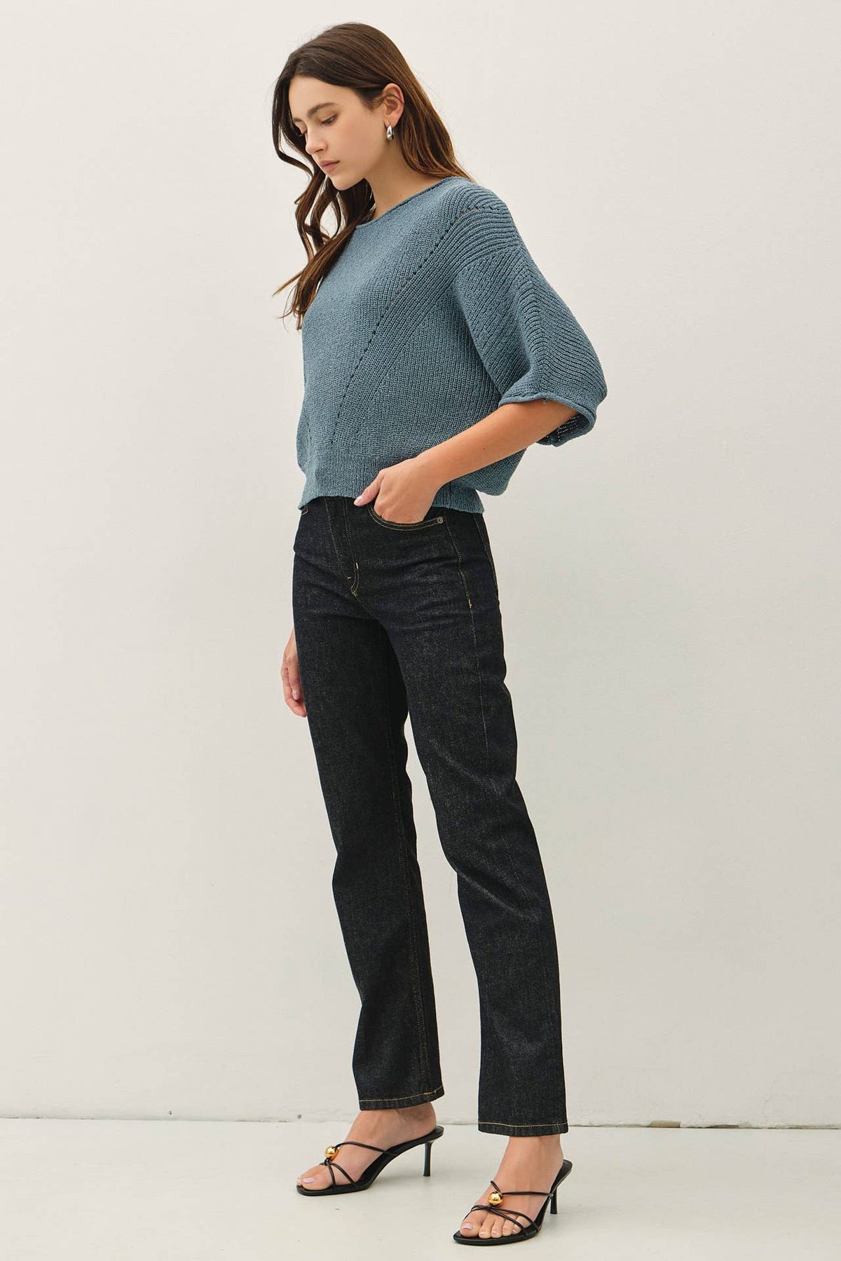 POINTELLE DOLMAN SLEEVE CROPPED SWEATER