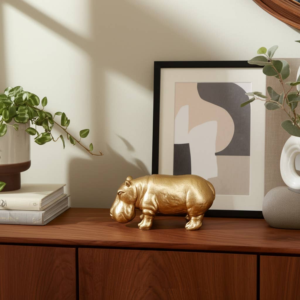 Decorative Figurine - Gold Ceramic Hungry Hippo, 8 in.