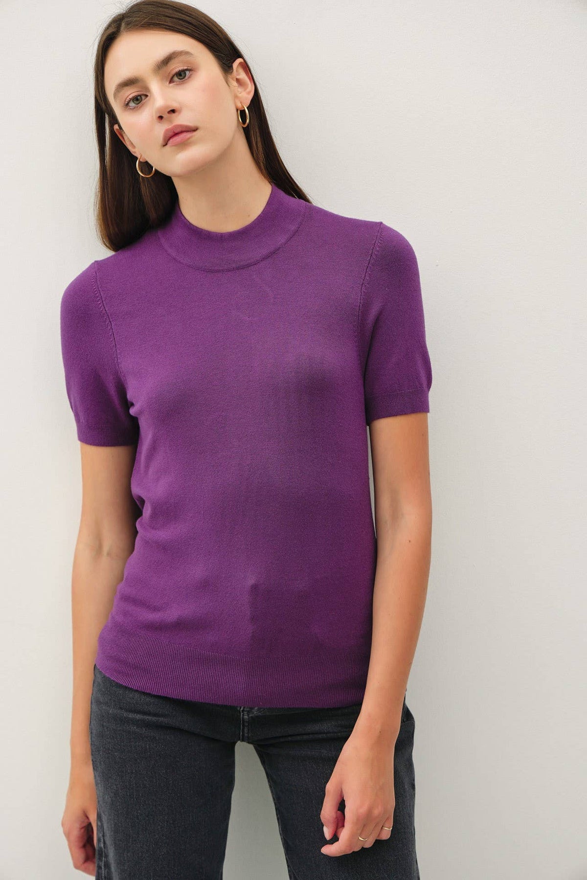SHORT SLEEVE MOCK NECK SWEATER