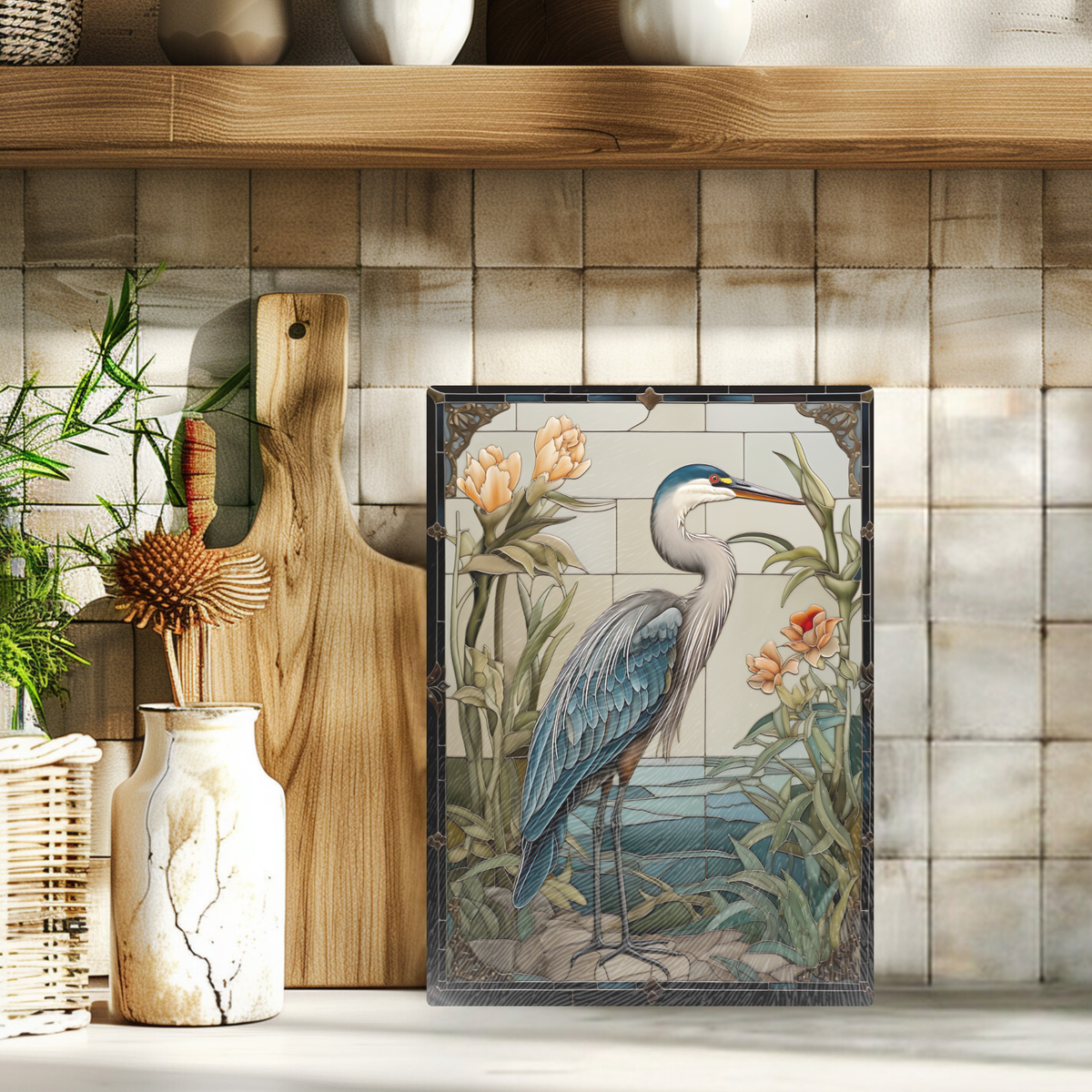 Tempered Glass Cutting Board: Blue Heron Serving Tray (R)