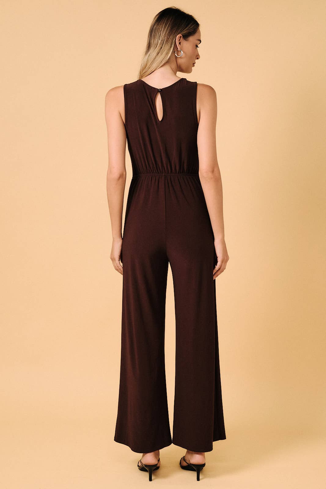 SURPLICE V NECK DRAPED WAIST WITH GOLD HARDWEAR JUMPSUIT
