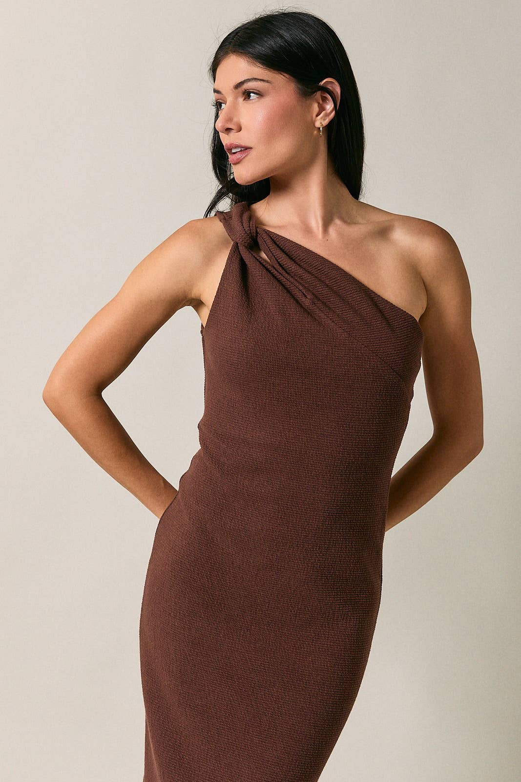 ASYMMETRIC ONE SHOULDER CUT OUT NECKLINE MIDI DRESS