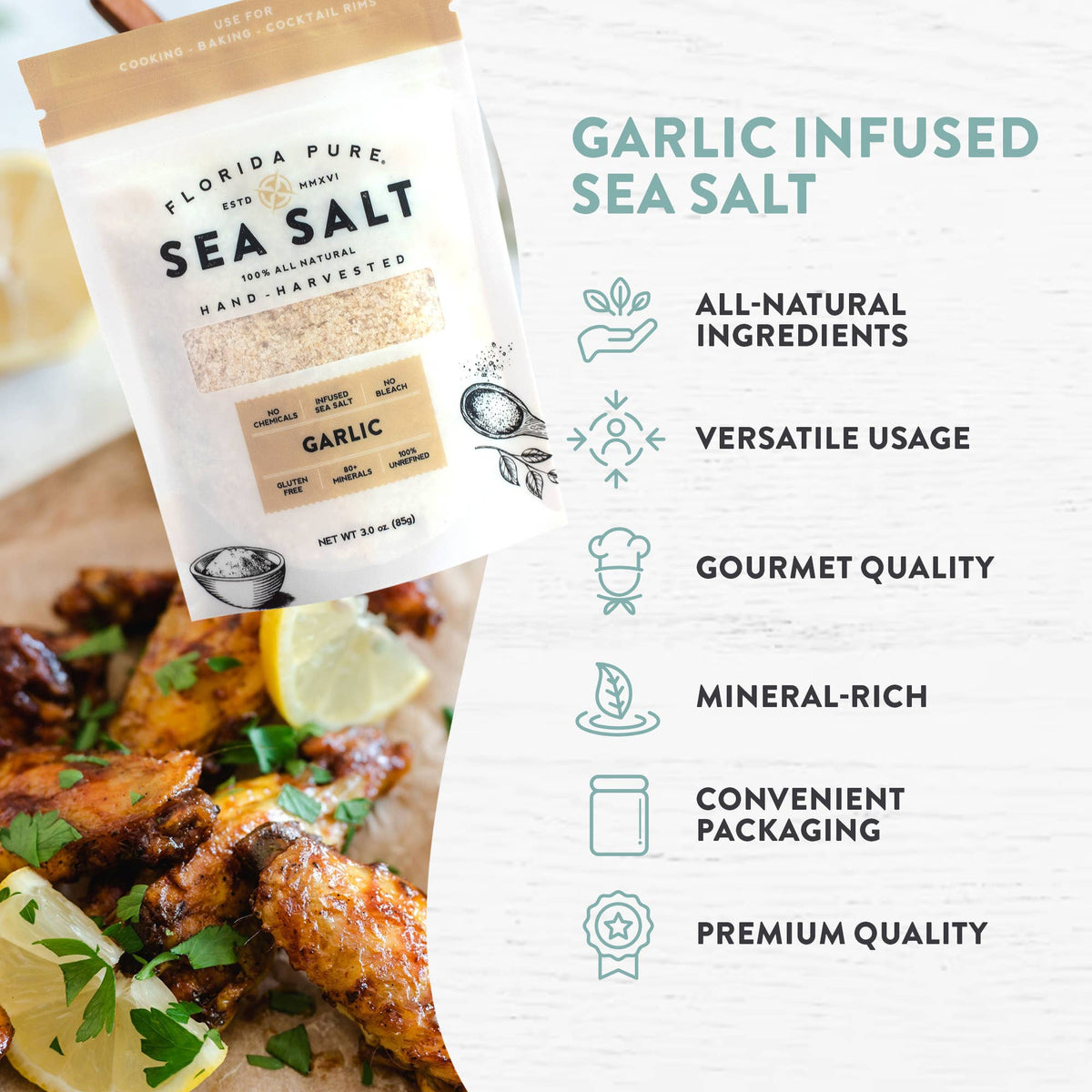 Garlic Sea Salt Pouch (Flaked Sea Salt)- 3oz.- NEW