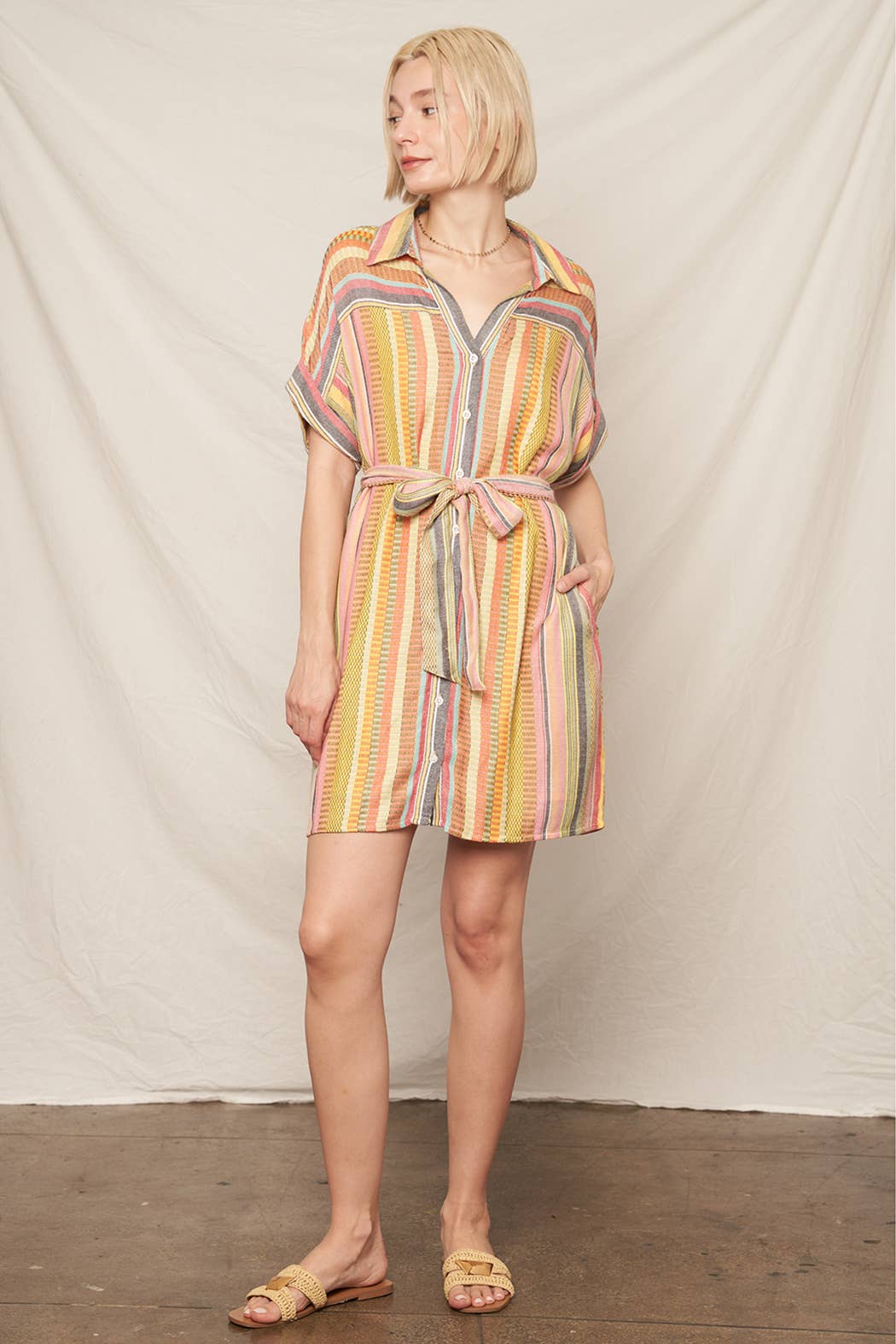 Multicolor Striped Belted Mini Shirt Dress