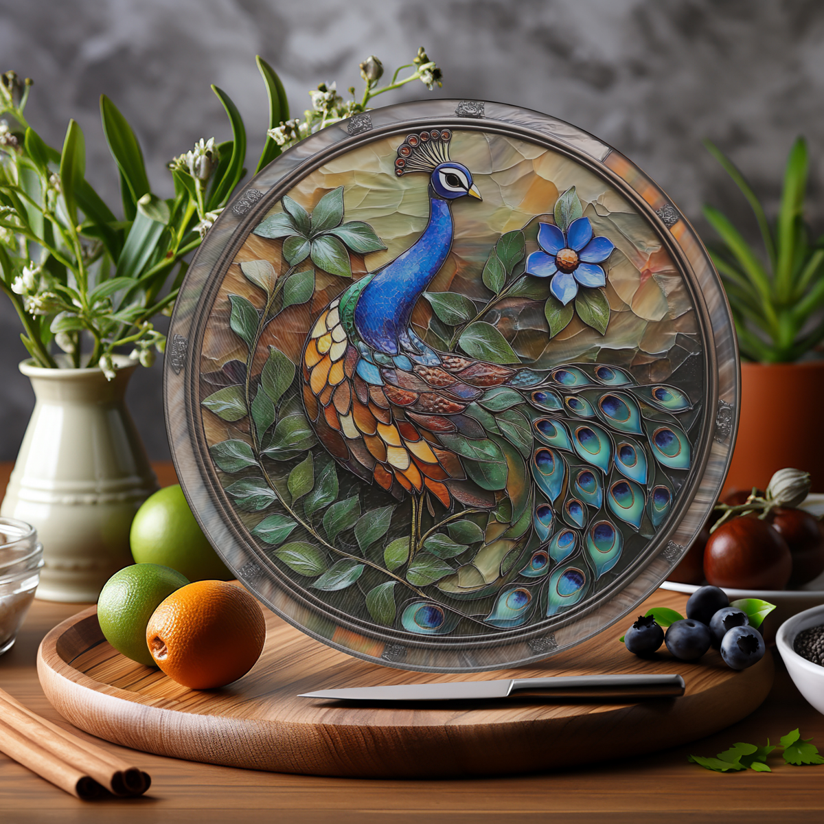 Tempered Glass Charcuterie Tray: Peacock Cutting Board