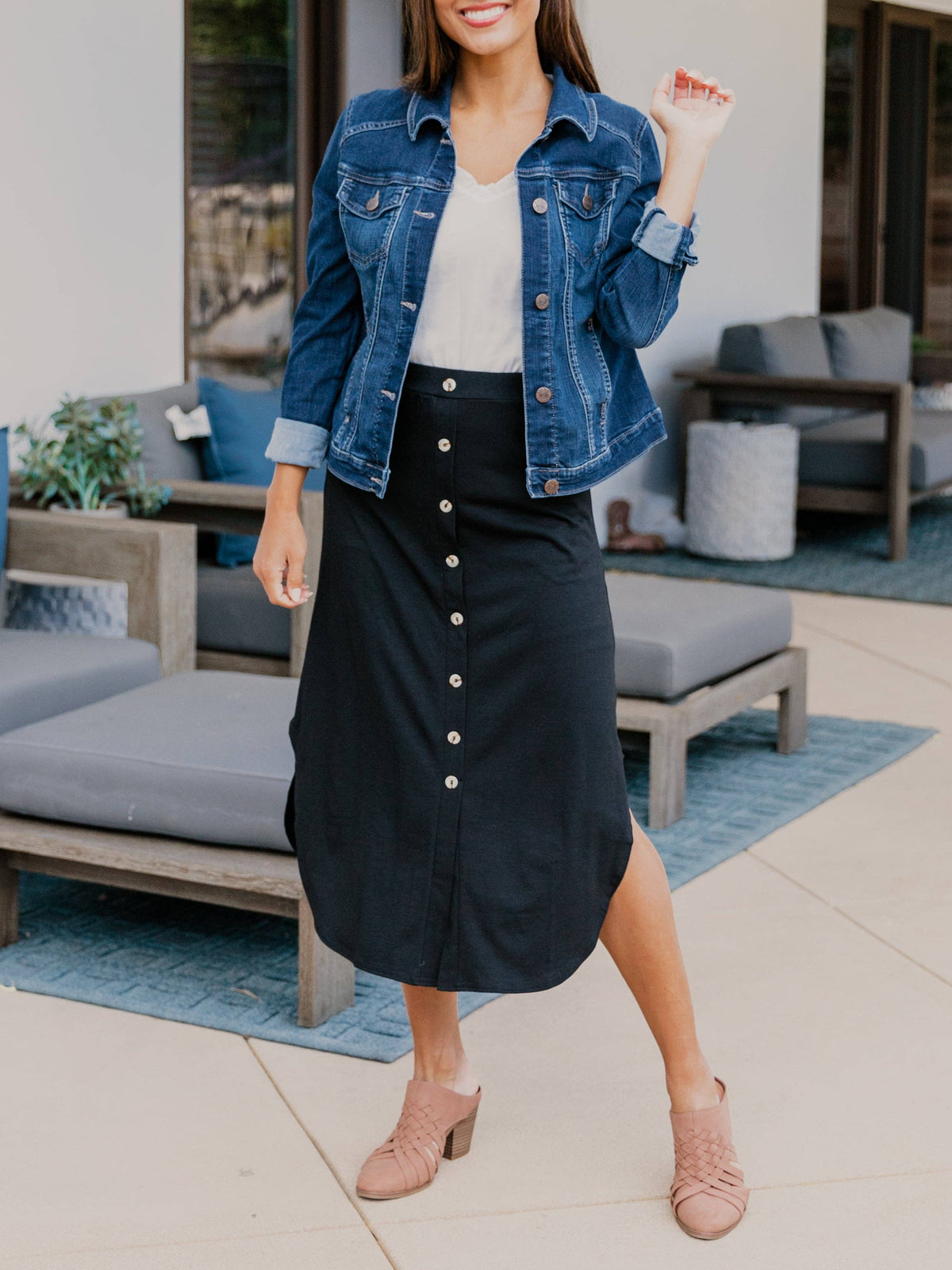 Scoop Hem Button Detail Lyla Midi Skirt