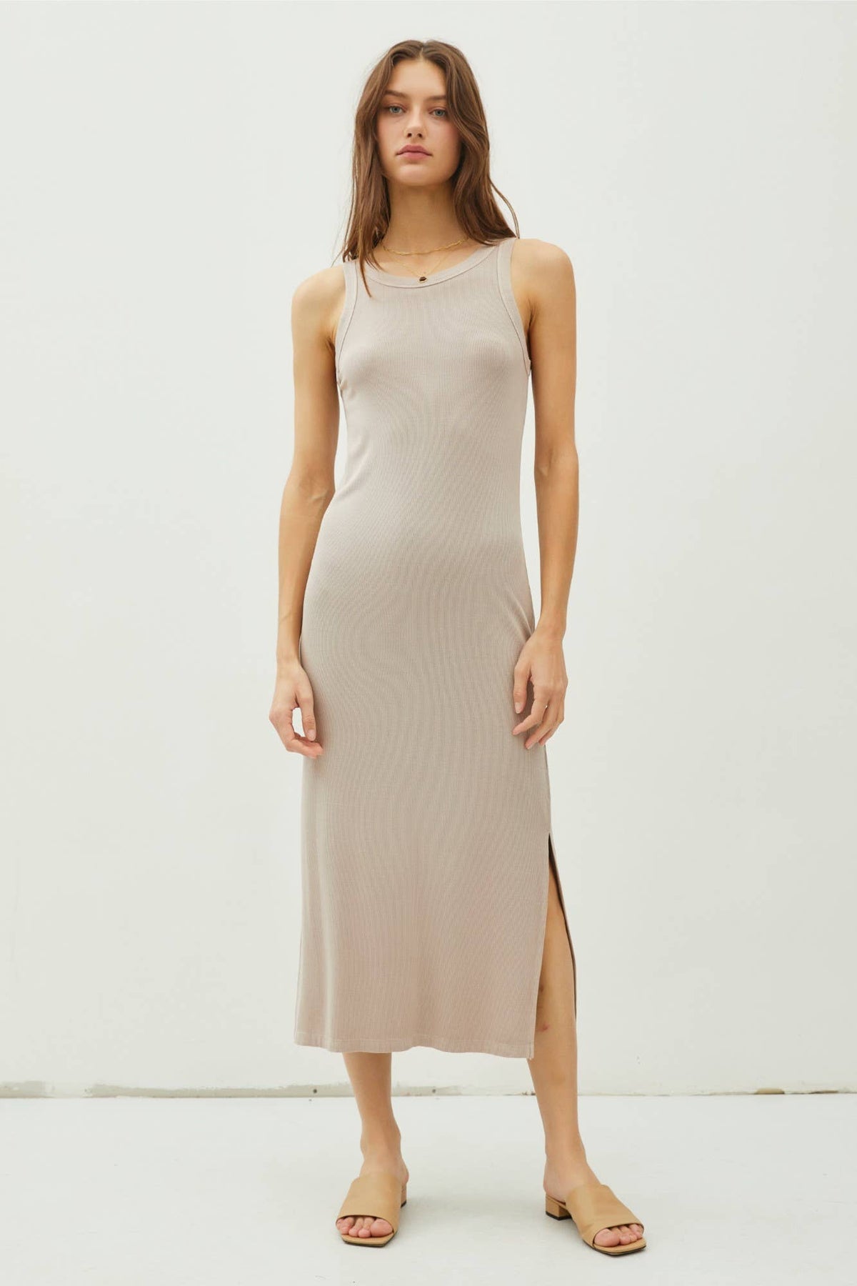 RIBBED KNIT SIDE SLIT SLEEVELESS TANK MIDI DRESS