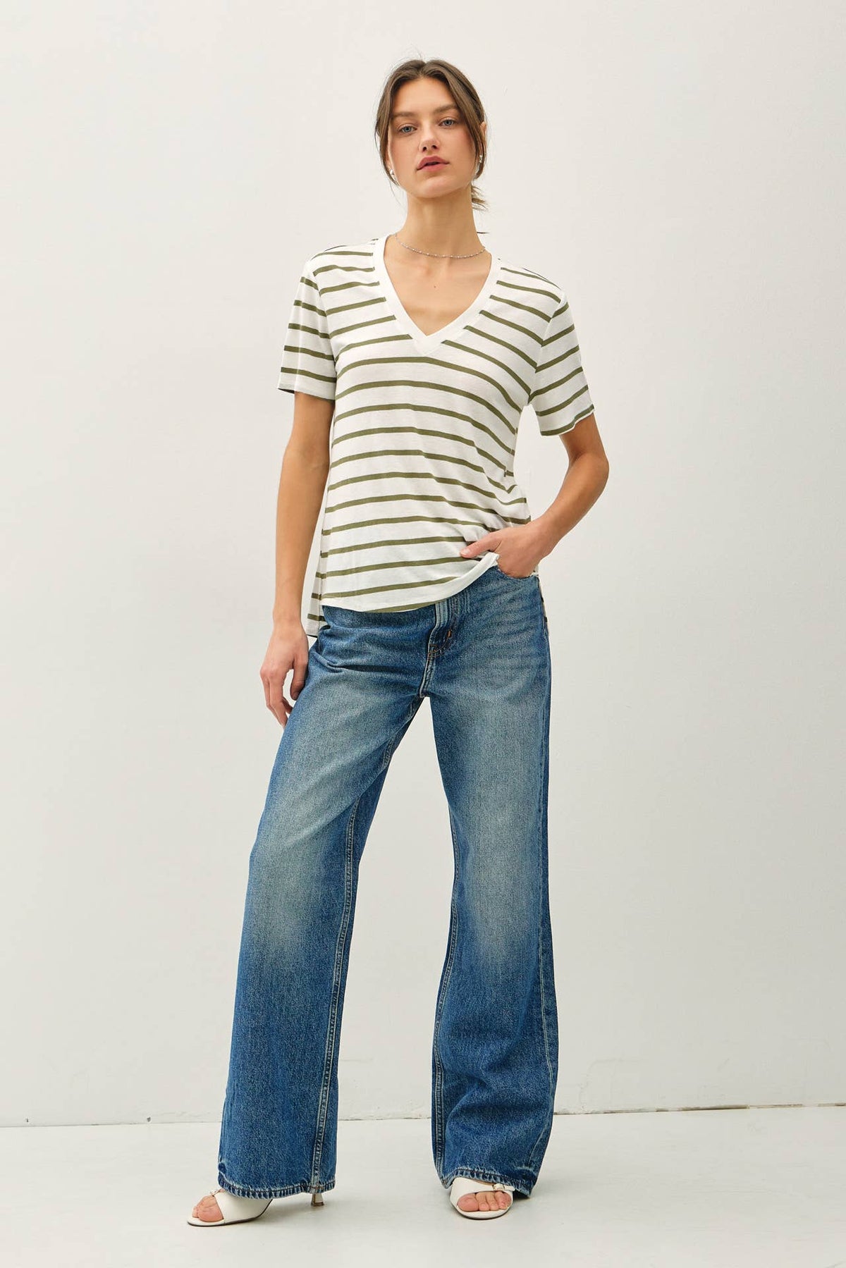 COTTON LINEN BLEND RELAXED FIT STRIPED T-SHIRT