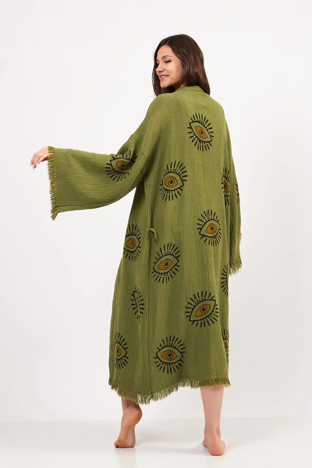 Green Evil Eye Kimono, Cotton Kaftan Kimono, Evil Eye Robes