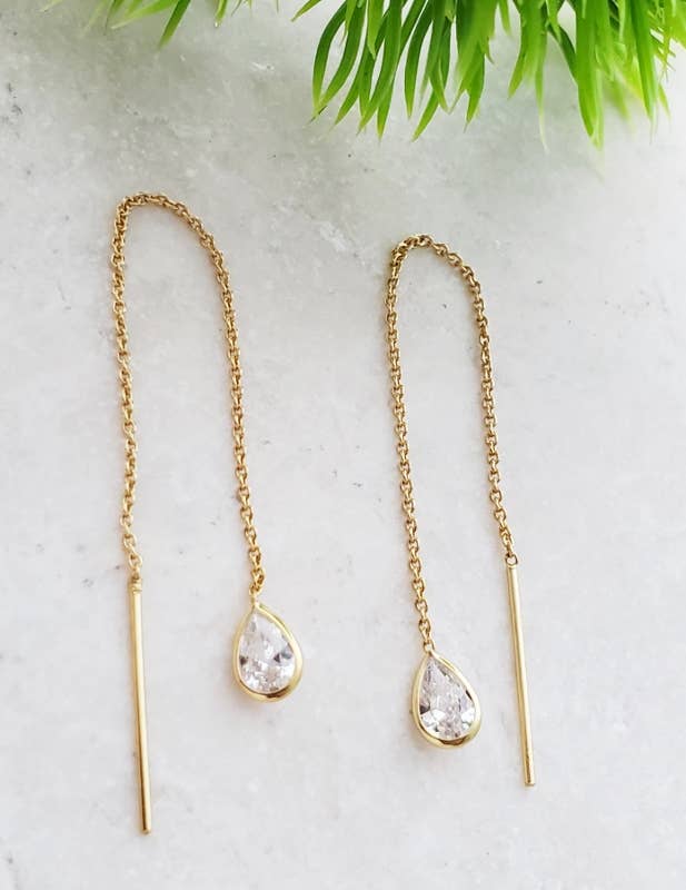 Gold Crystal Threader Earrings - Clear