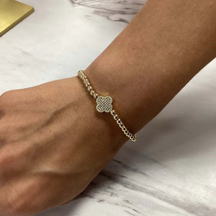 4MM Gold Ball With Pave Clover Cross