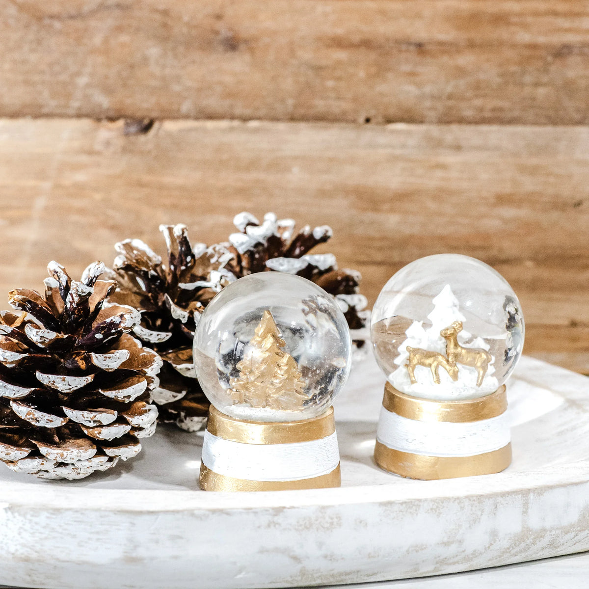 Deer or Tree Tiny Gold Resin & Glass Snow Globes Striped Base - 2 Styles - Each Sold Separately.