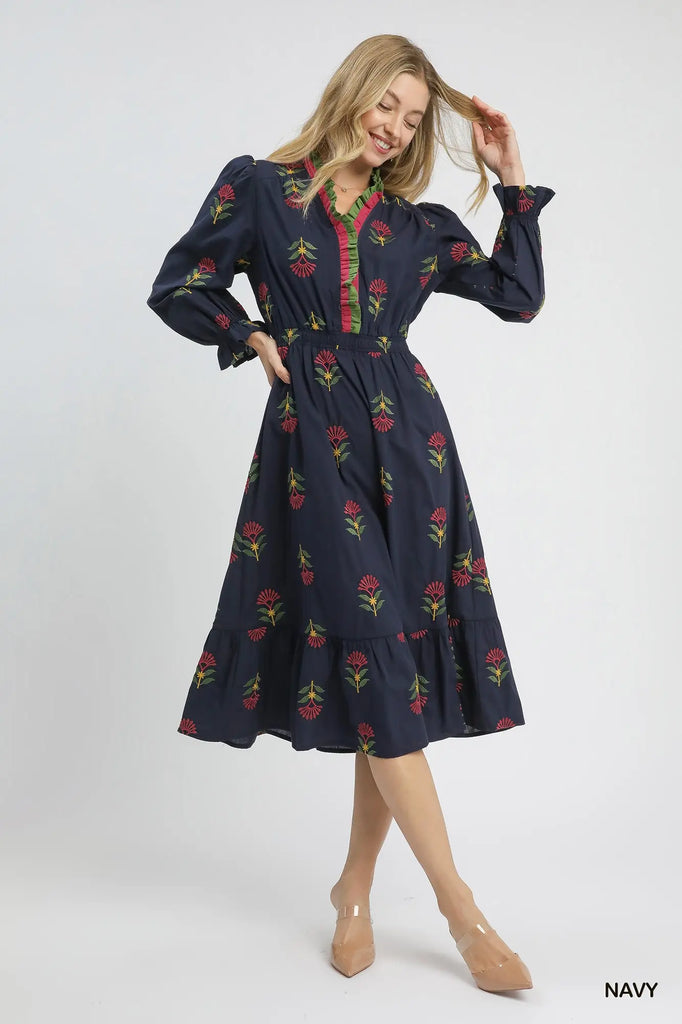 Boho Floral Embroidered Dress Hunter / Medium