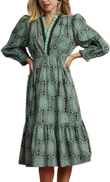 Smocked Print Waist Midi Dress