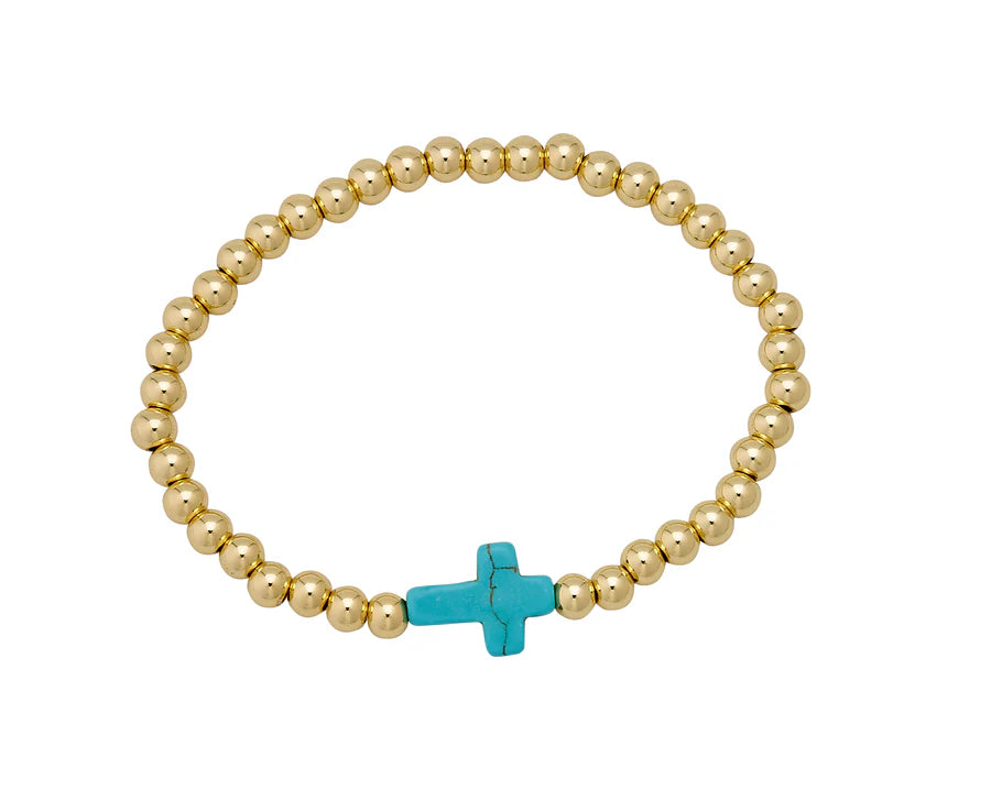 5mm H20 Resistant 14kt Gold Ball with Stone Cross Turquoise
