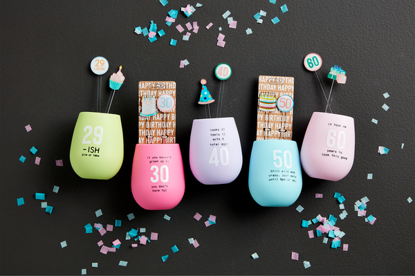 Milestone Birthday Silicone Stemless Wine Glass & Straw Set - 5 Styles