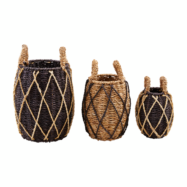 Black and Natural Two-Toned Seagrass Baskets - 3 Sizes
