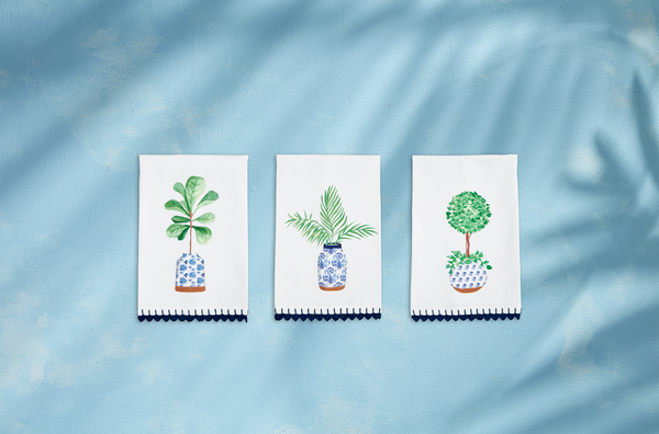 Potted Plant Towels with Blue Crochet Trim - 3 Styles