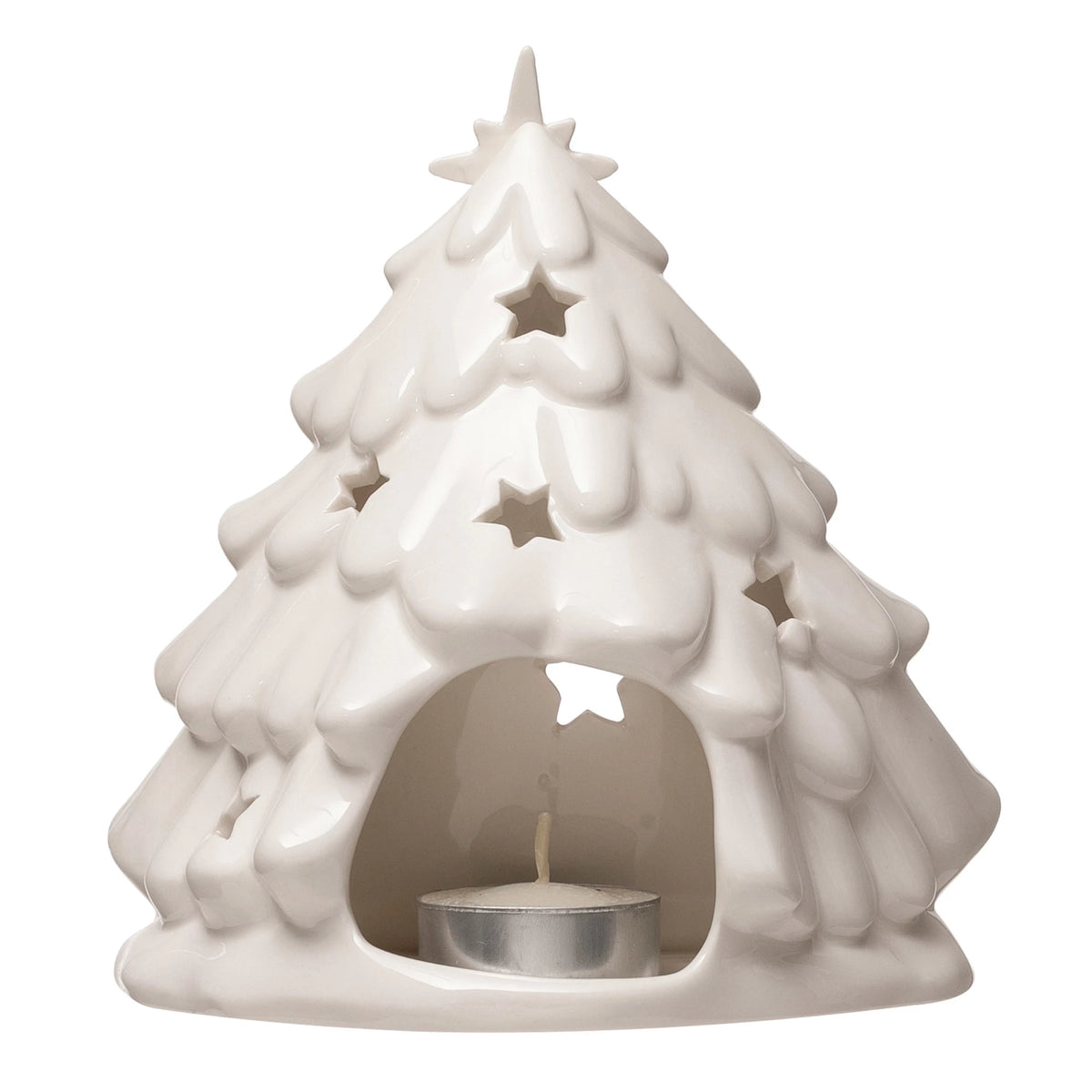 Stoneware Holy Family Candle Holder with Tree & Cut-Outs