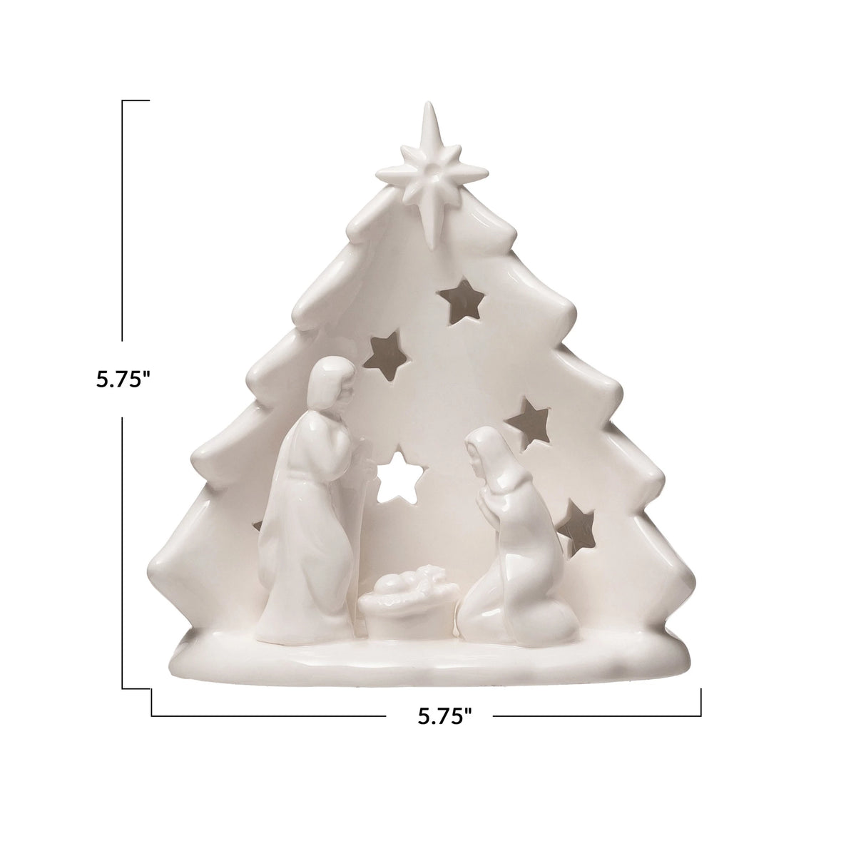 Stoneware Holy Family Candle Holder with Tree & Cut-Outs
