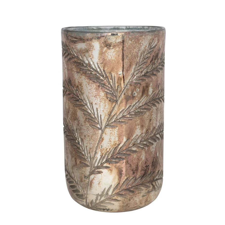 Etched Mercury Glass Hurricane Vase in Antique Silver Finish
