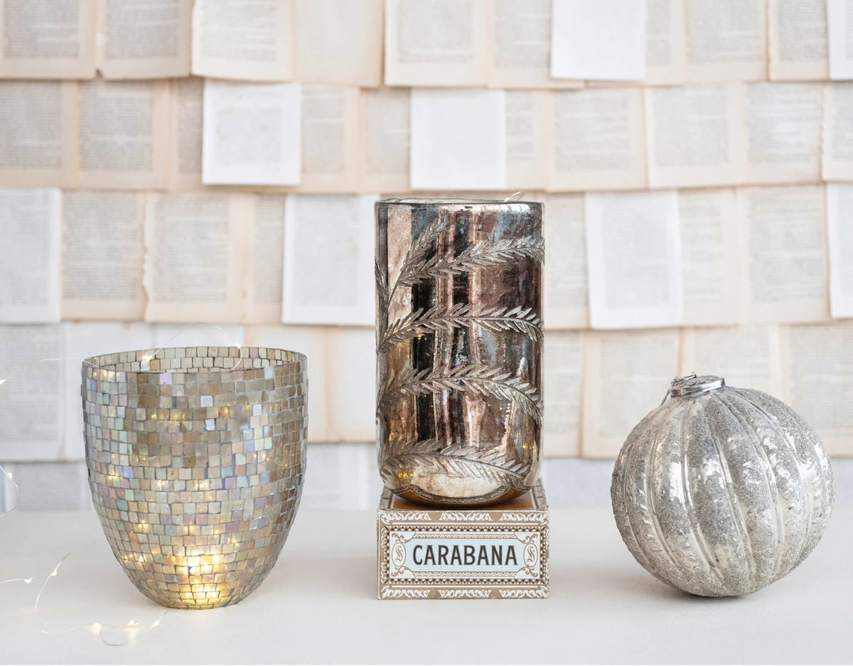 Etched Mercury Glass Hurricane Vase in Antique Silver Finish