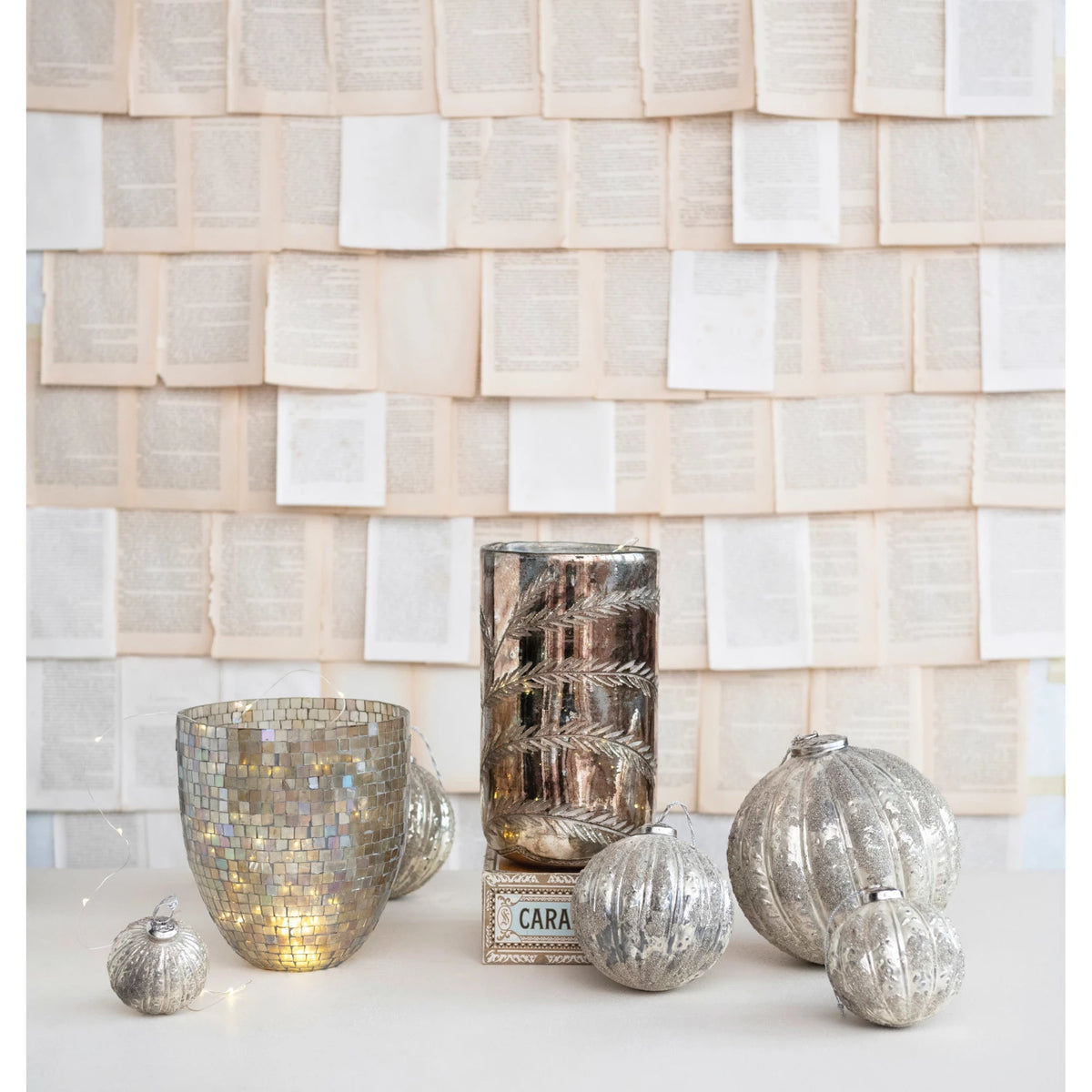 Etched Mercury Glass Hurricane Vase in Antique Silver Finish