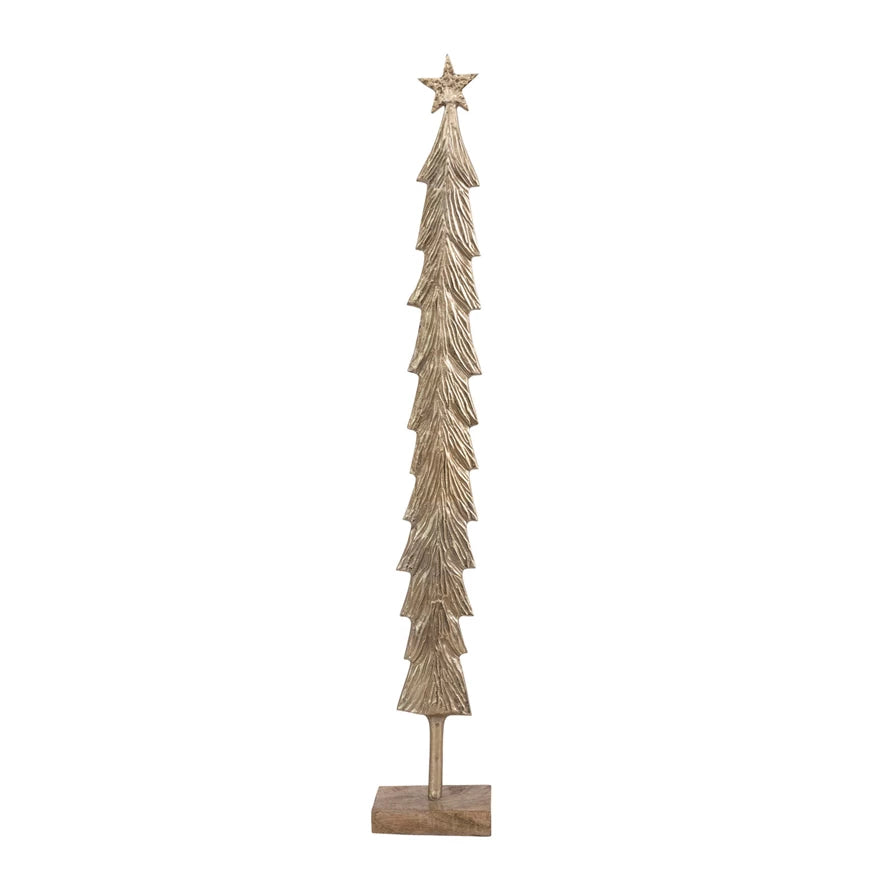 Brass Finish Cast Metal 39" Christmas Tree with Mango Wood Base