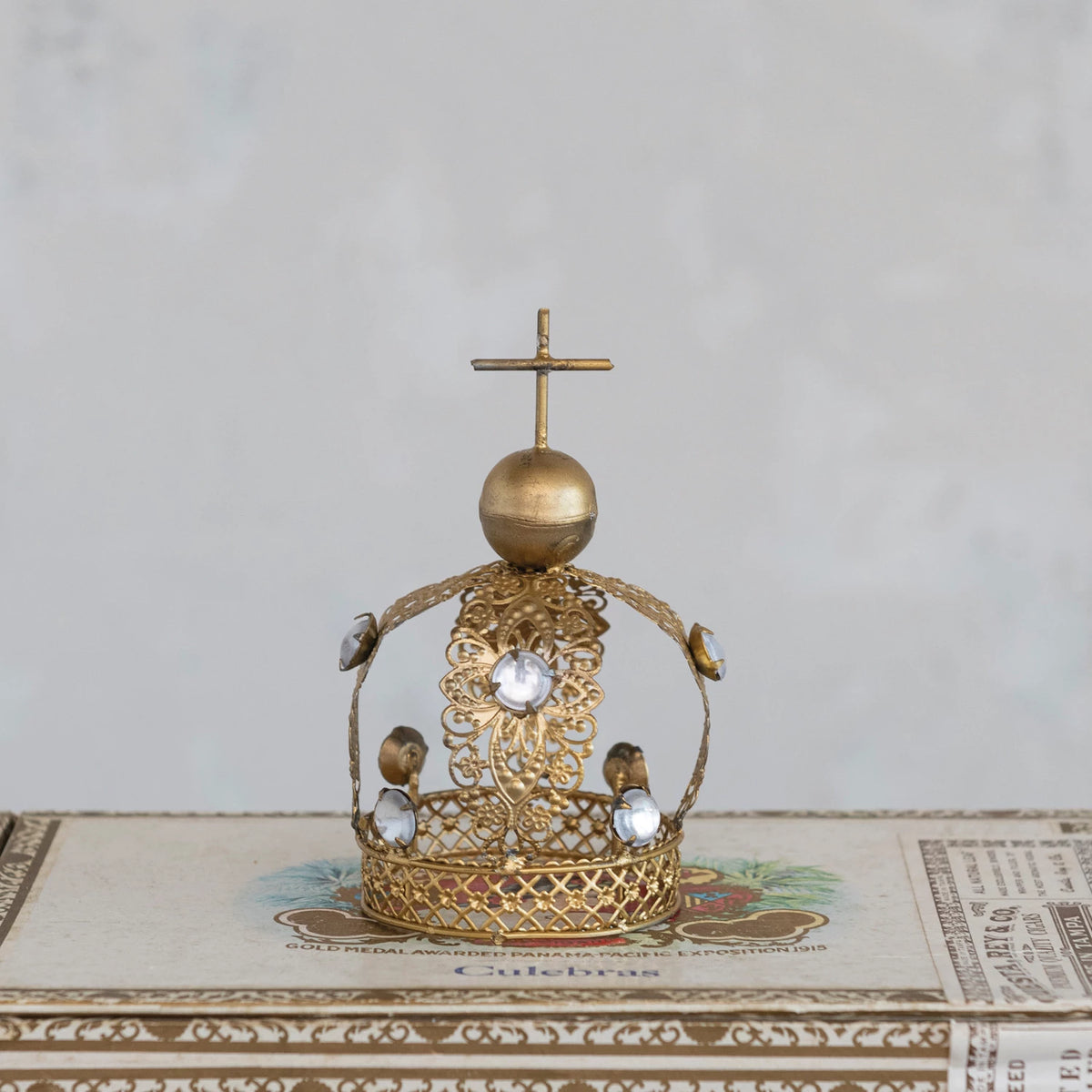 Metal & Acrylic Jewel Crown with Cross Finial in Antique Brass Finish ...