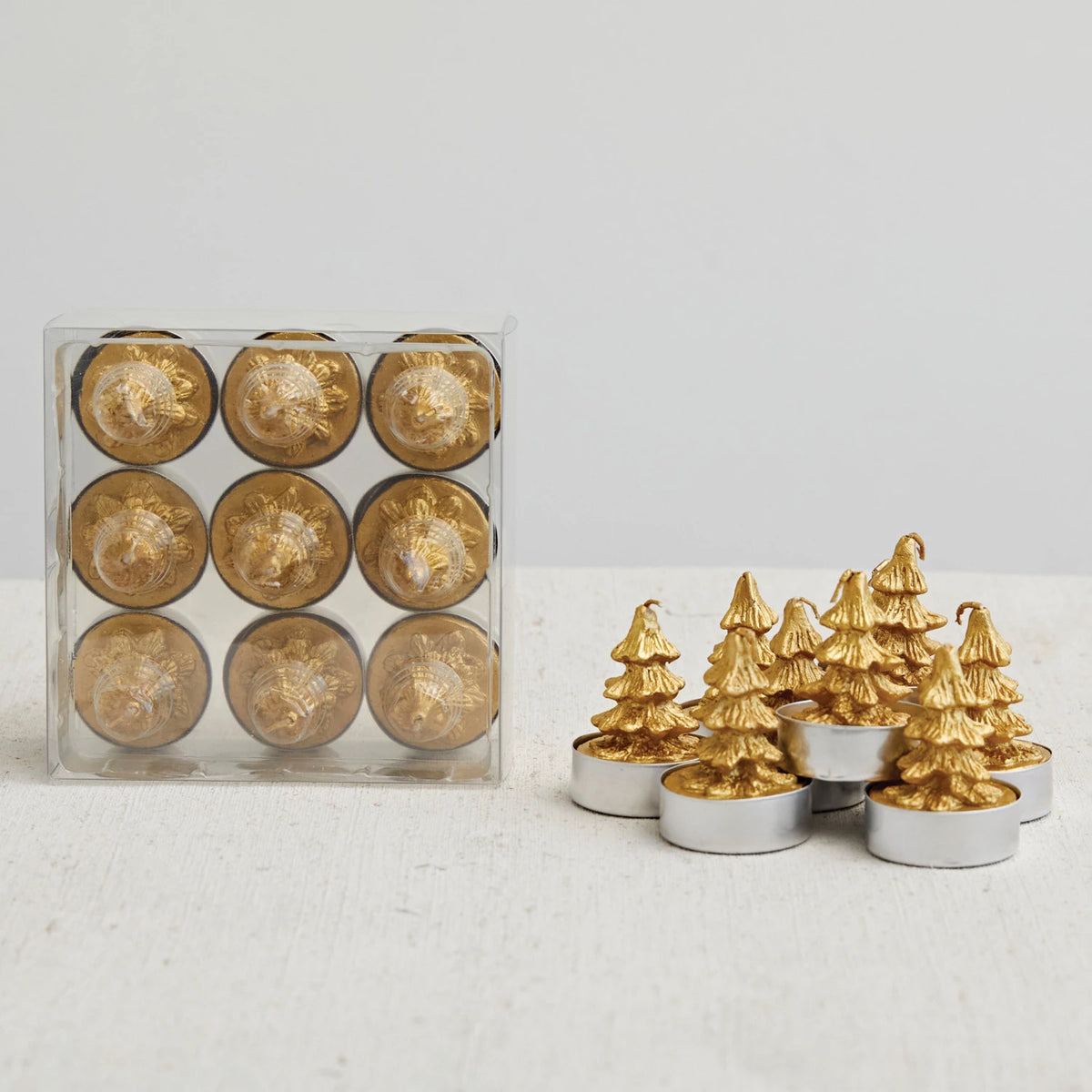 Christmas Tree Shaped Gold Color Tealights - Set of 9
