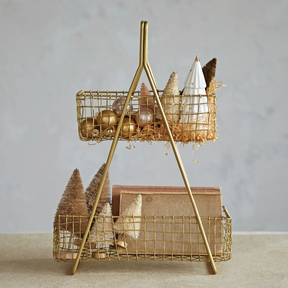 Antique Brass Finish Metal 2-Tier Basket