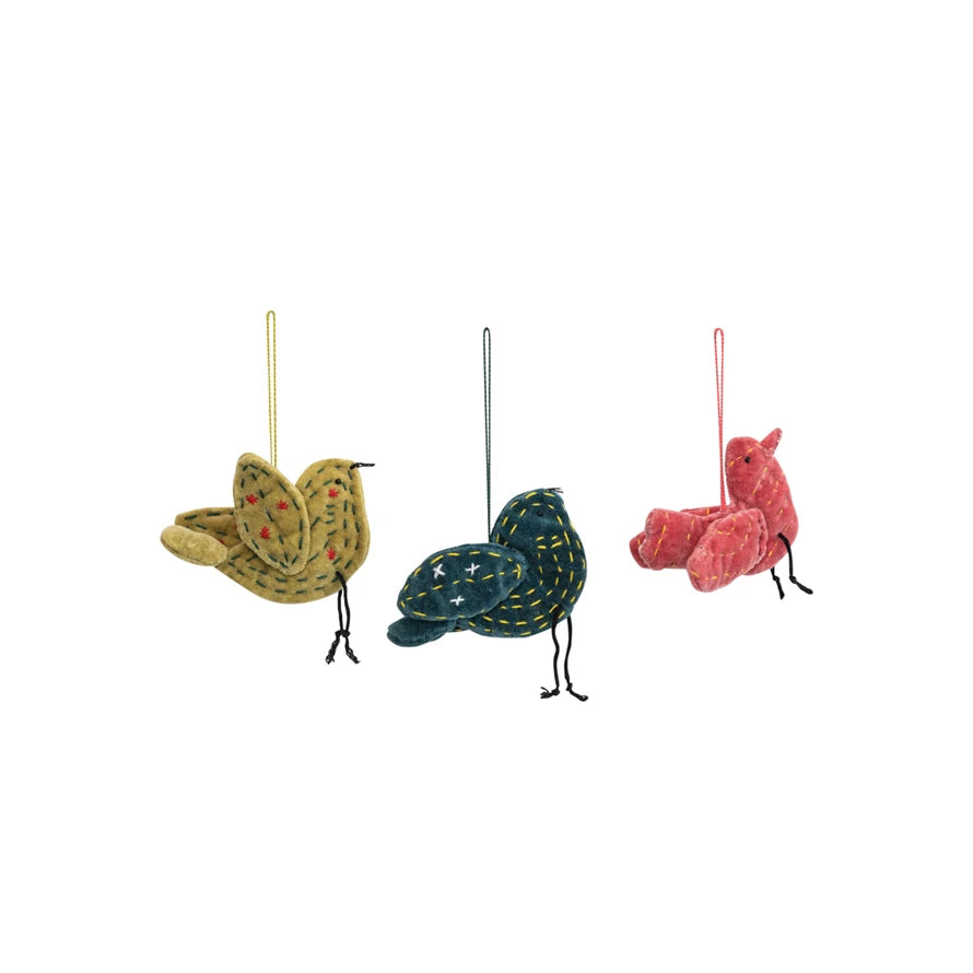 Cotton Velvet Bird Ornament with Kantha Stitch - 3 Colors