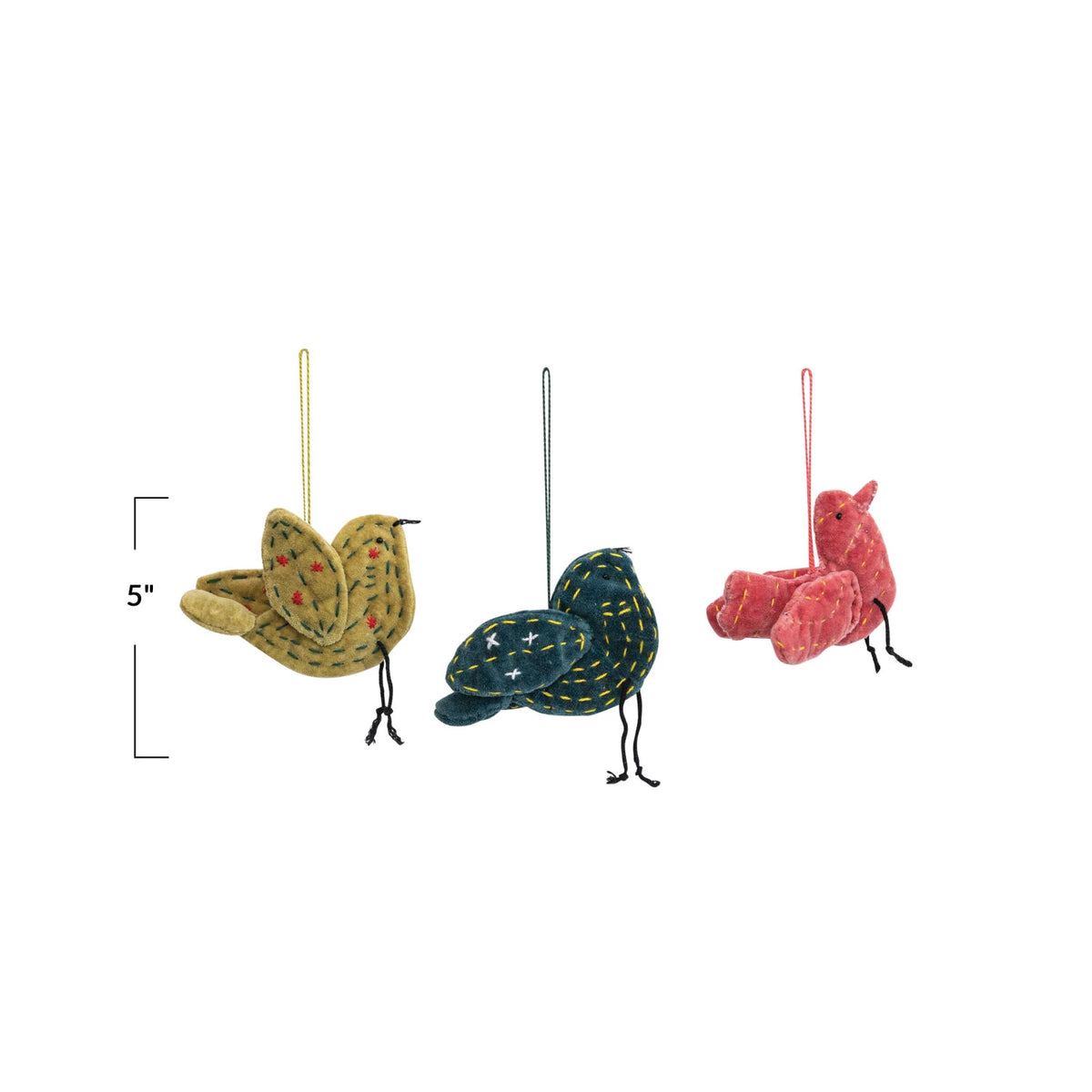 Cotton Velvet Bird Ornament with Kantha Stitch - 3 Colors