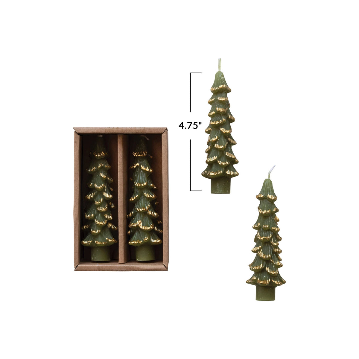 4.75" Tree Shaped Unscented Taper Candles - Evergreen Color with Gold Tips - Set of 2