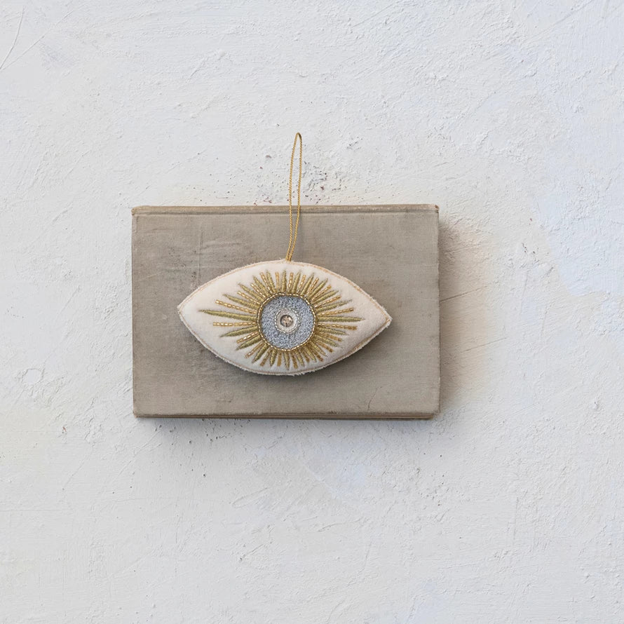Handmade Cotton Velvet Evil Eye Ornament with Glass Beads & Embroidery