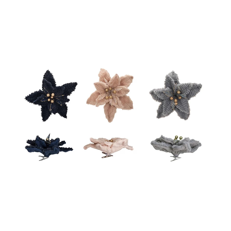 Faux Fur Poinsettia Clip-on Ornament w/ Gold Glitter Berries, 3 Colors Large