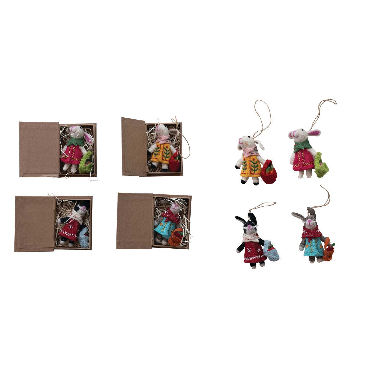 Handmade Wool Felt Bunny Ornament In Book Shaped Box, 4 Styles